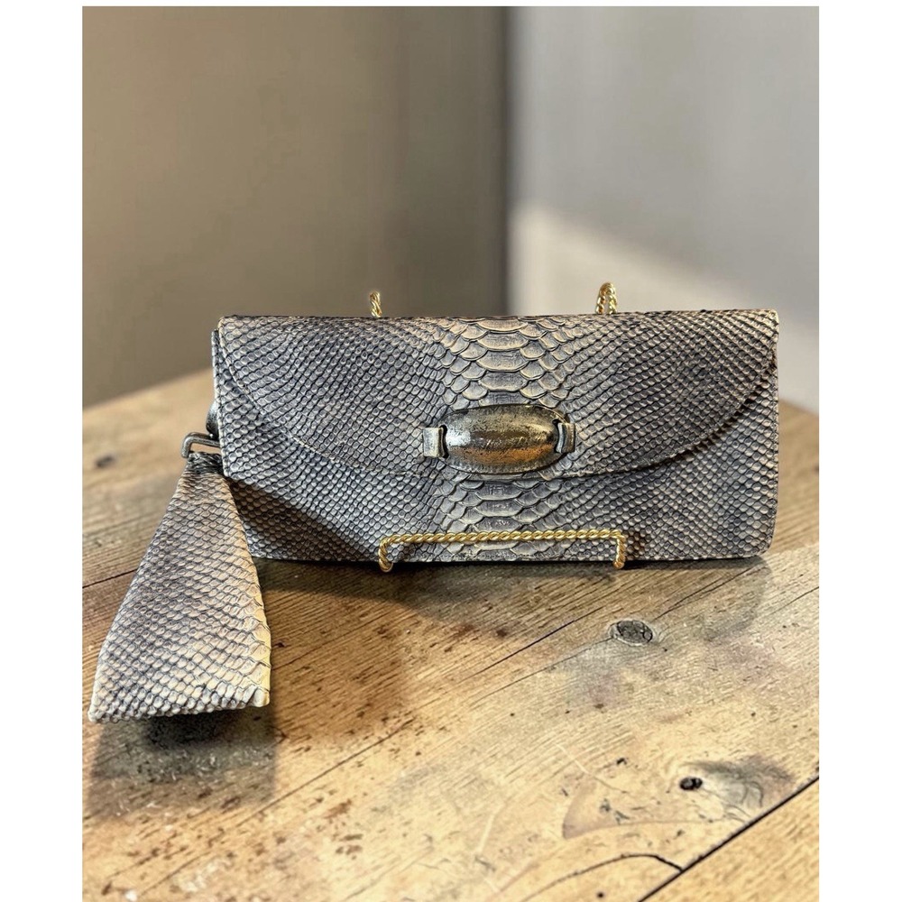 SERIL Genuine Snakeskin Vintage Designer Clutch Wristlet Grey Exotic Eclectic